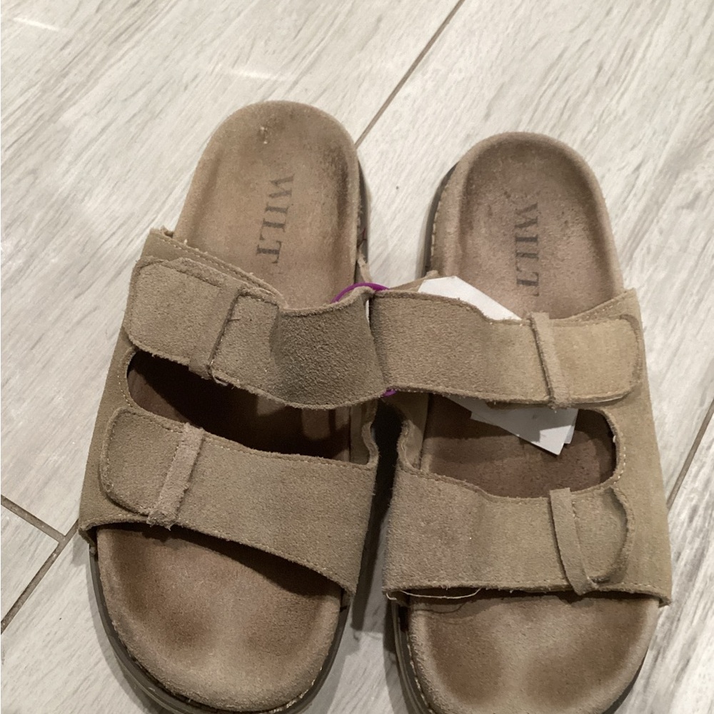 Wilt Kids' Tan Suede Double Strap Slide Sandals